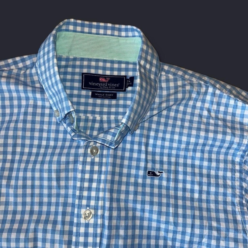 Vineyard Vines Youth L Whale Shirt – Blue Gingham – 100% Cotton - Picture 3 of 6